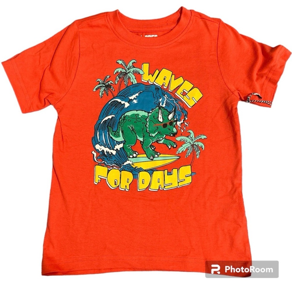 Boys Orange T-Shirt Surfing Dinosaur “Waves for Days” Graphic Tee Summer 3T